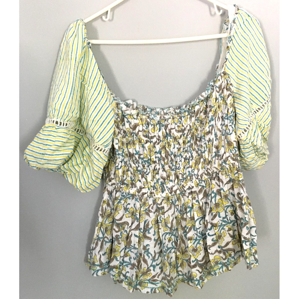 Ash & Eden Blouse Womens Large White Floral Smocked Puff Sleeve Boho Crop Top